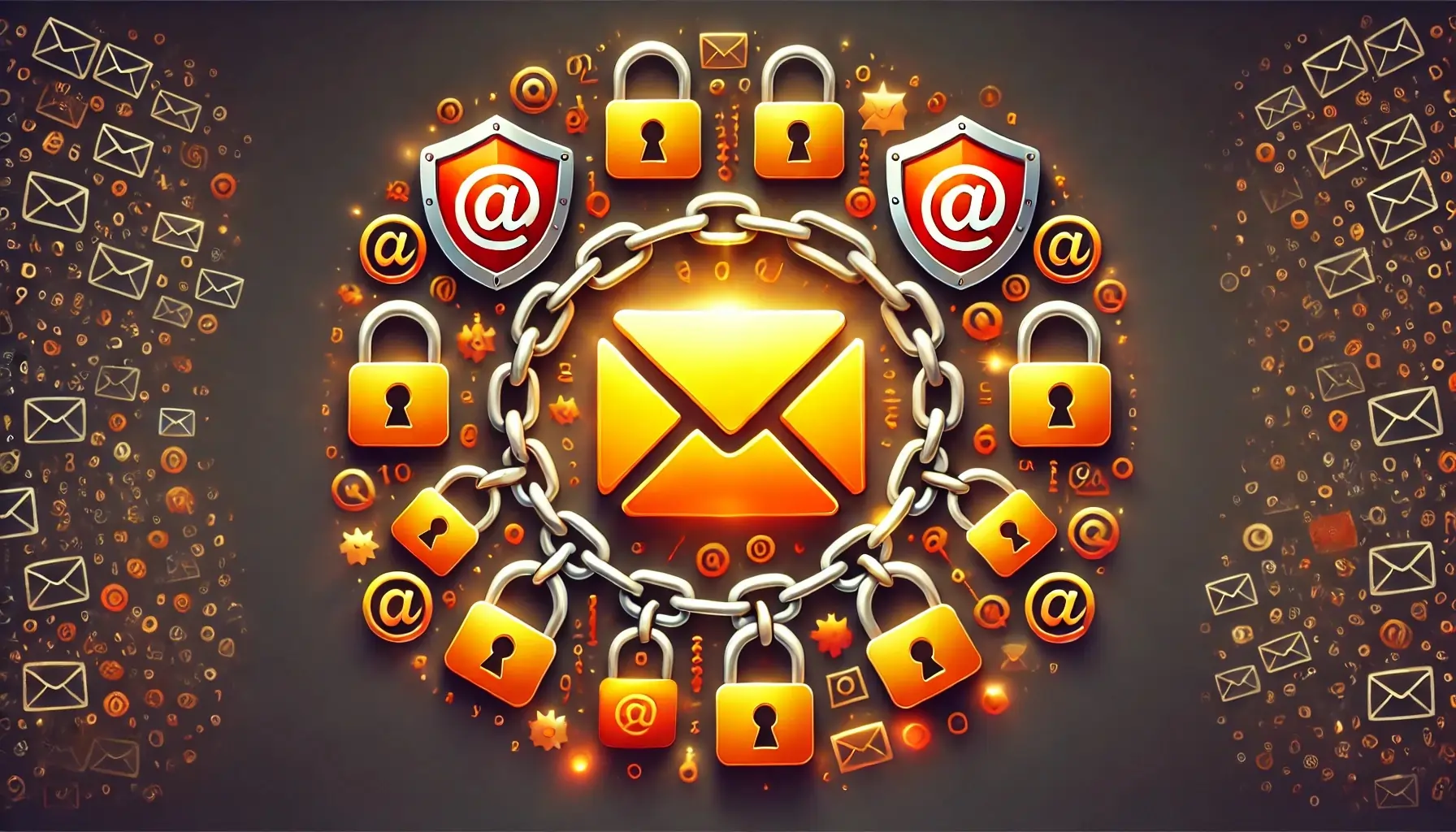 An email icon secured with a chain surrounded by padlocks and shield symbols, representing internet security. Scattered symbols of envelopes, locks, and at (@) signs are on a dark background with digital elements.