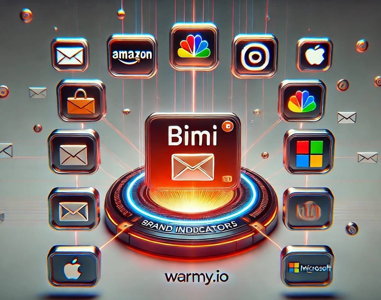 A digital illustration showcasing the Bimi email logo at the center, surrounded by various tech and media brand logos including Amazon, Instagram, Apple, and Microsoft. The design features glowing lines connecting these logos, with warmy.io at the bottom.