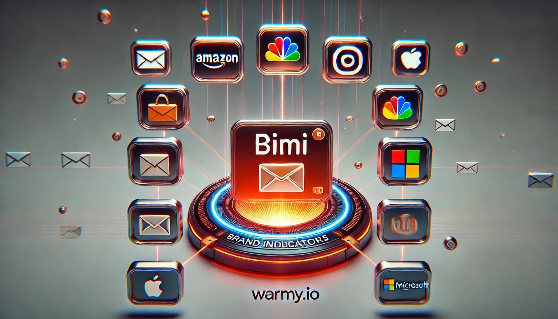 A digital illustration showcasing the Bimi email logo at the center, surrounded by various tech and media brand logos including Amazon, Instagram, Apple, and Microsoft. The design features glowing lines connecting these logos, with warmy.io at the bottom.