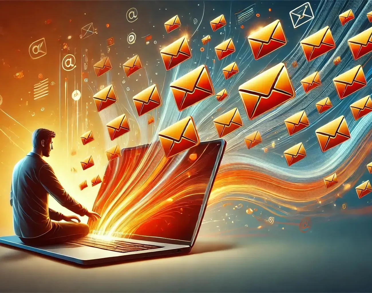 A person seated at a laptop with numerous red and yellow envelopes flying out from the screen, symbolizing digital communication. The background includes digital symbols, suggesting a fast-paced data exchange environment.