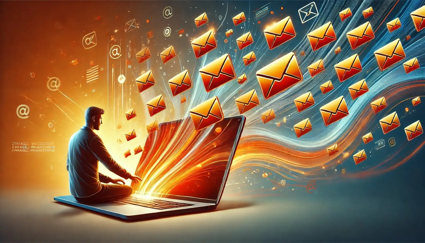 A person seated at a laptop with numerous red and yellow envelopes flying out from the screen, symbolizing digital communication. The background includes digital symbols, suggesting a fast-paced data exchange environment.