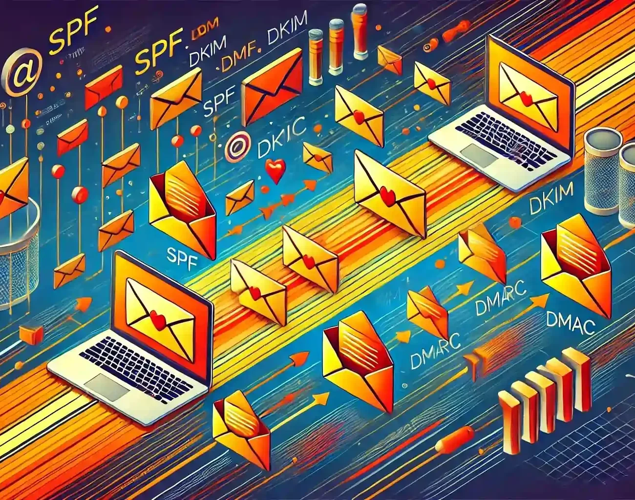 Illustration of laptops and envelopes connected by lines, symbolizing email communication. Terms like SPF, DKIM, and DMARC float around, representing email authentication protocols. The background features dynamic geometric shapes and vibrant colors.