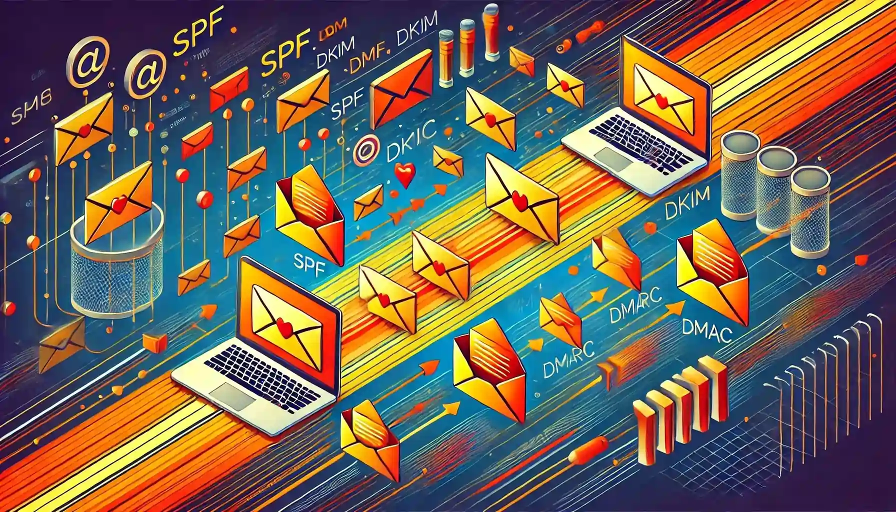 Illustration of laptops and envelopes connected by lines, symbolizing email communication. Terms like SPF, DKIM, and DMARC float around, representing email authentication protocols. The background features dynamic geometric shapes and vibrant colors.