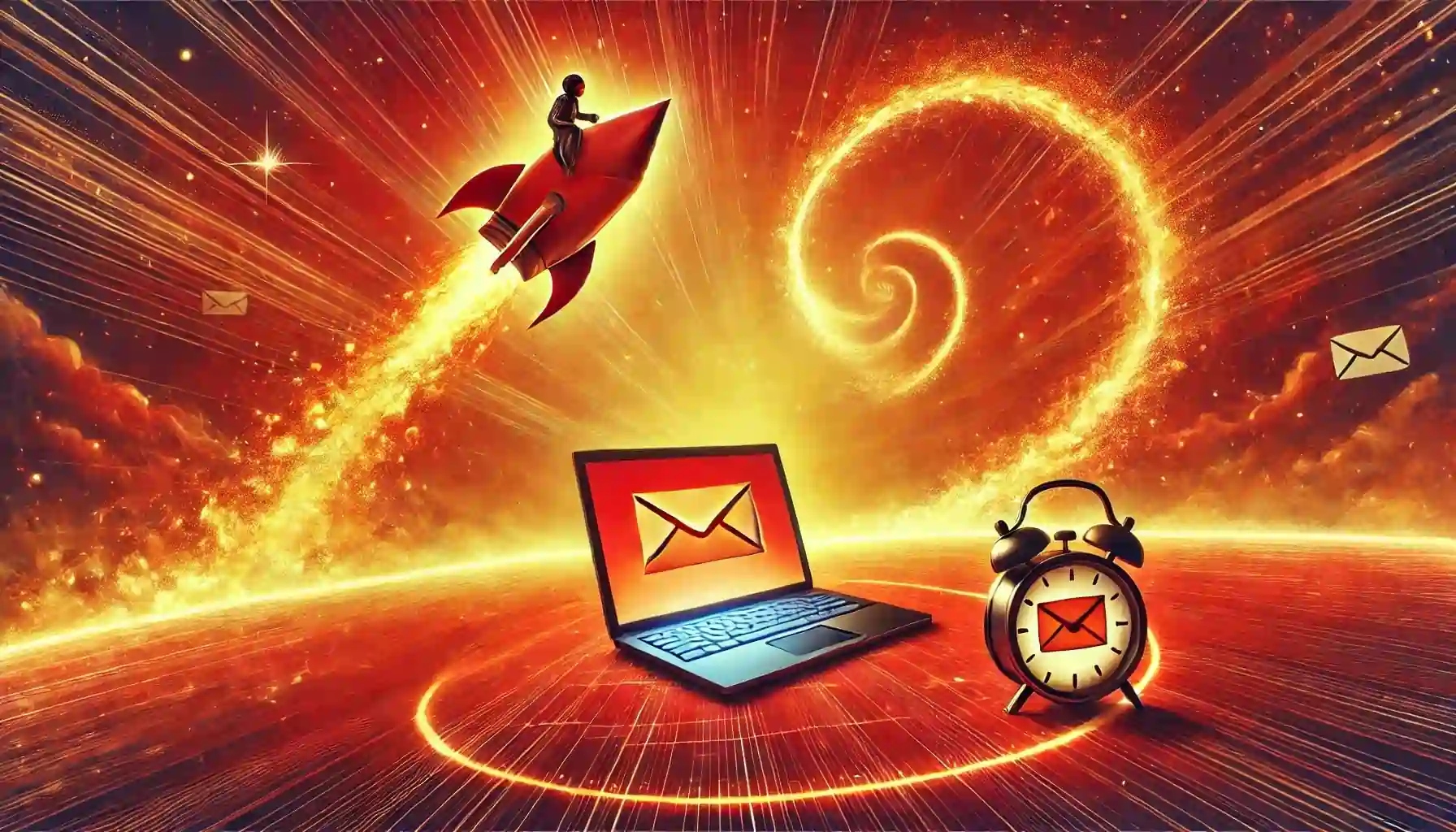 A vibrant cosmic scene features a person riding a rocket, a laptop displaying an envelope icon, and an alarm clock with the same icon. The background has swirling, glowing patterns, creating a dynamic, futuristic atmosphere.