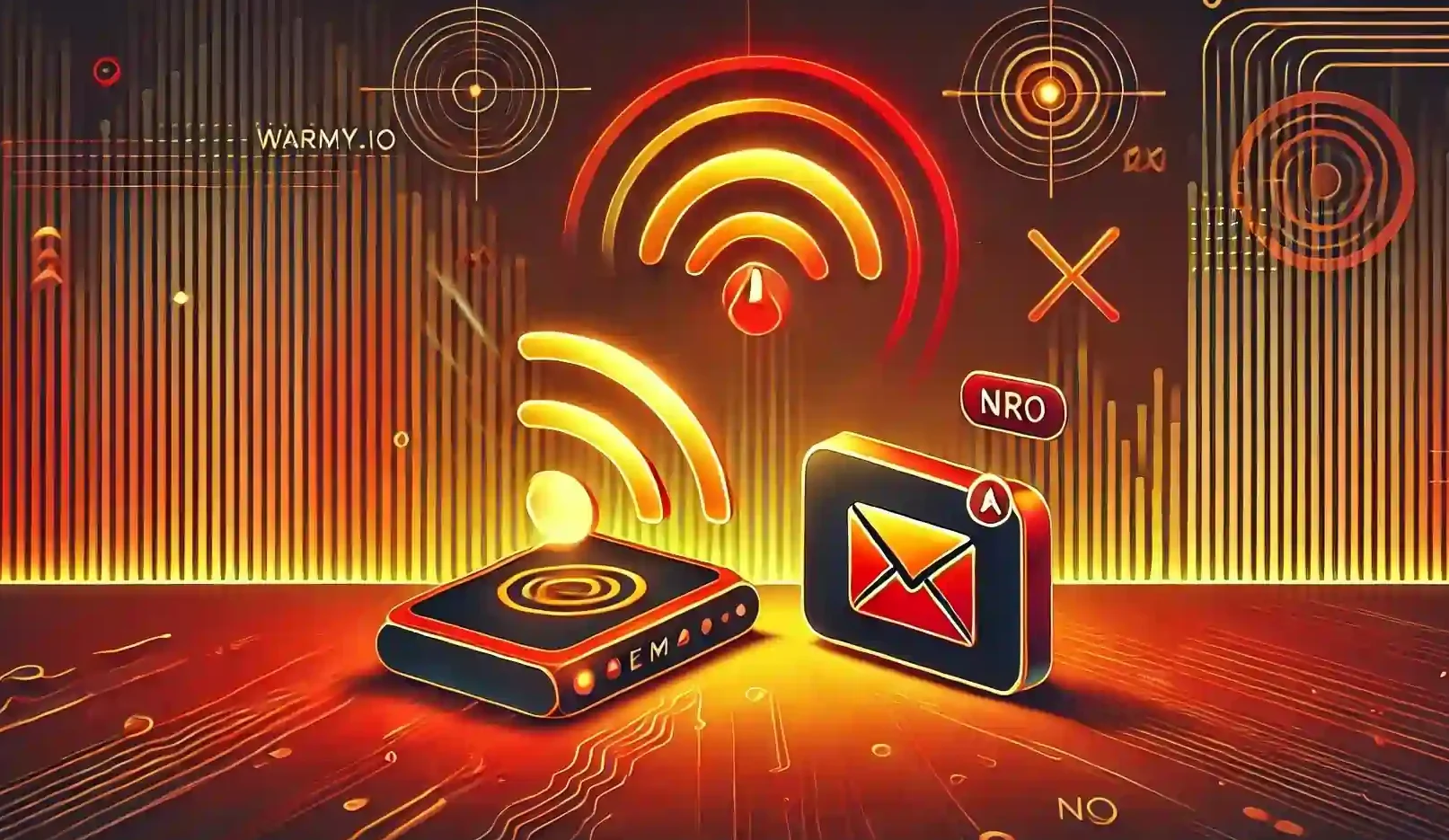 Illustration of a router with Wi-Fi signals and an email icon, each emitting orange and red waves. Background features sound waves, targets, and symbols. The word WARM.IO appears on the left side.