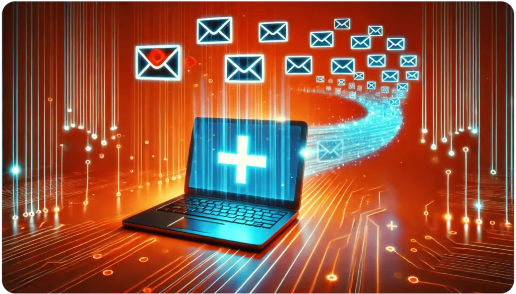 A glowing laptop displays a medical cross on its screen. A stream of digital envelopes emerges from the laptop, floating into the distance against a fiery orange background with circuit patterns, symbolizing email communication in healthcare.