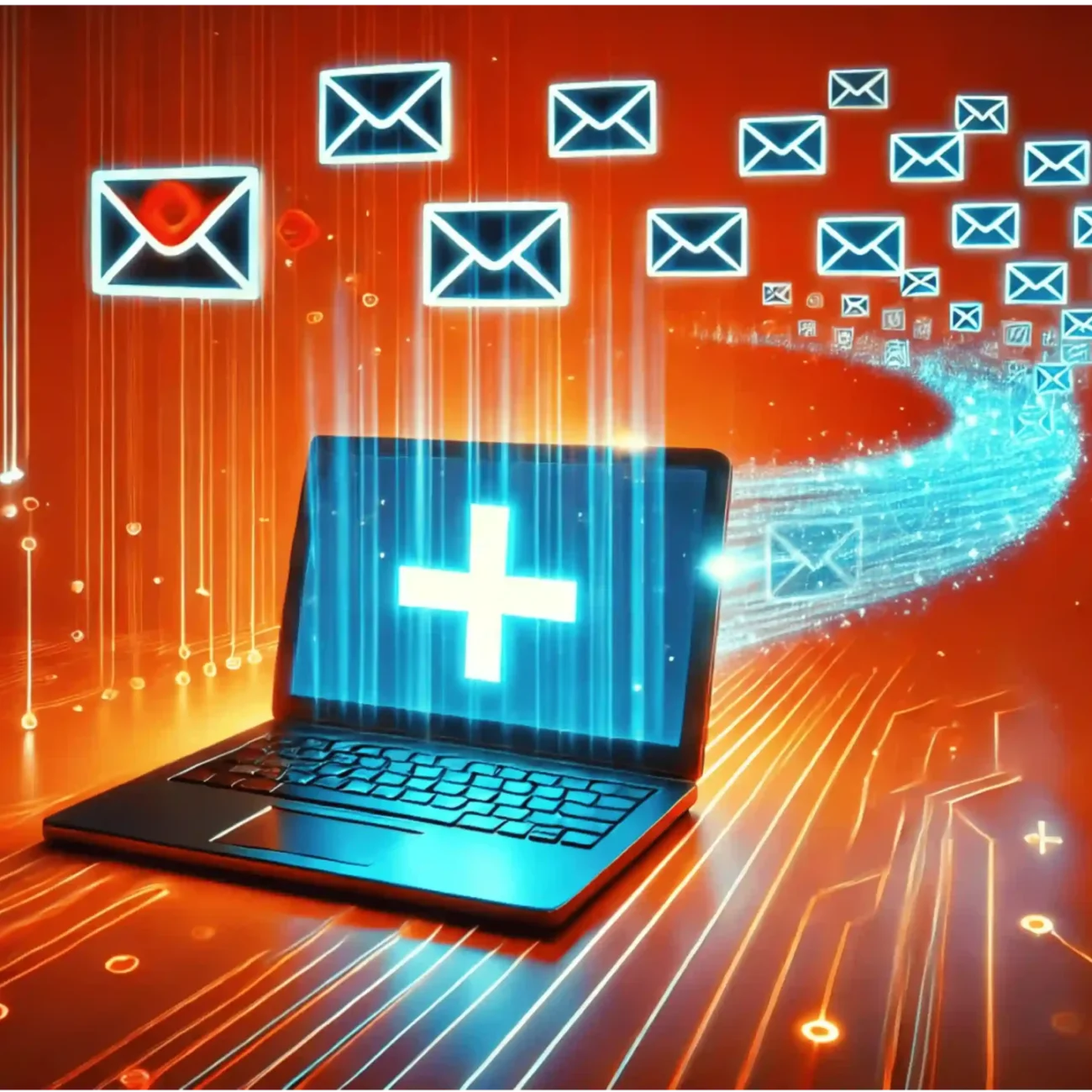 A glowing laptop displays a medical cross on its screen. A stream of digital envelopes emerges from the laptop, floating into the distance against a fiery orange background with circuit patterns, symbolizing email communication in healthcare.