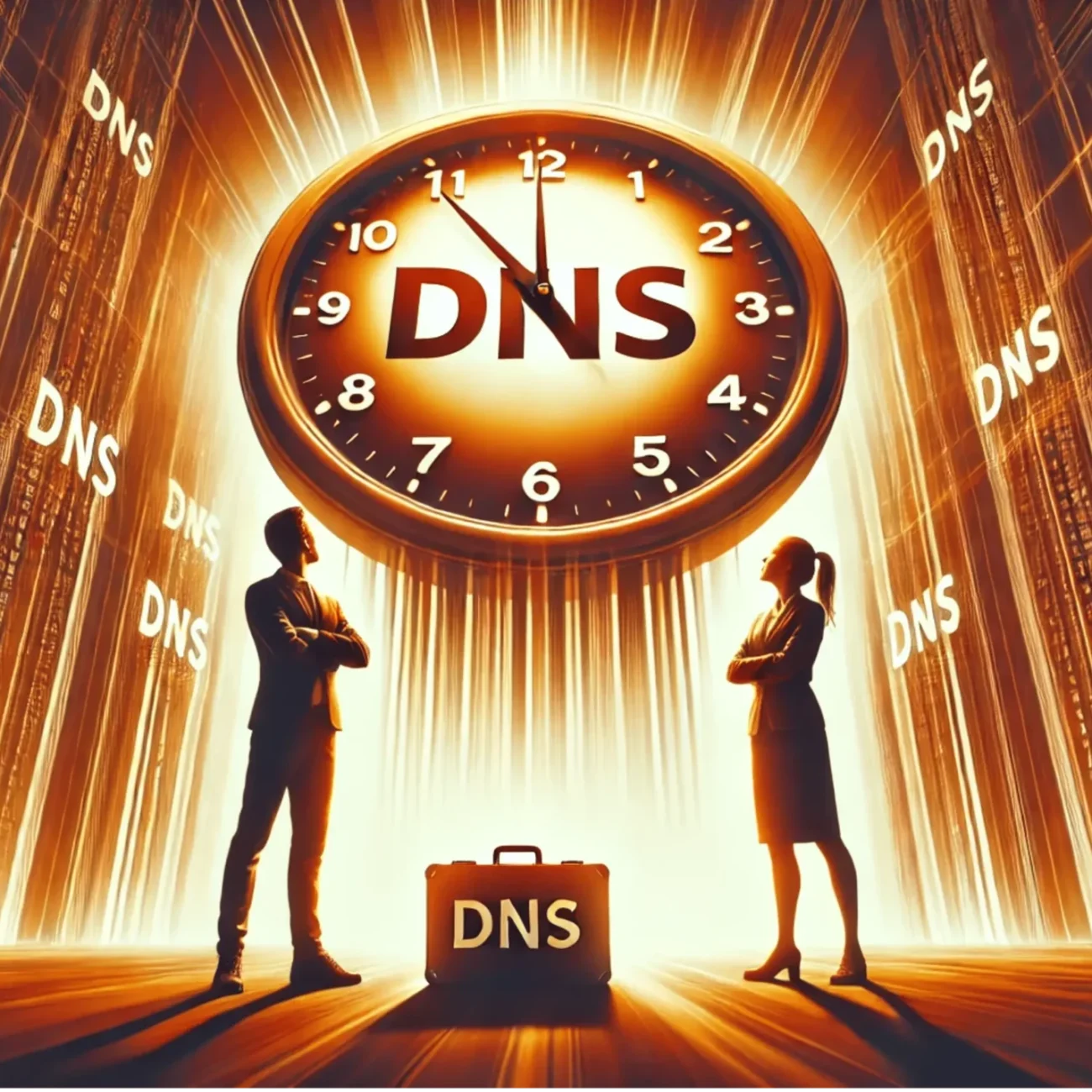 Two silhouetted figures stand beneath a large clock labeled DNS, with beams of light radiating behind it. DNS is repeated on walls around them. A briefcase on the floor also displays DNS. The scene has a futuristic, digital atmosphere.