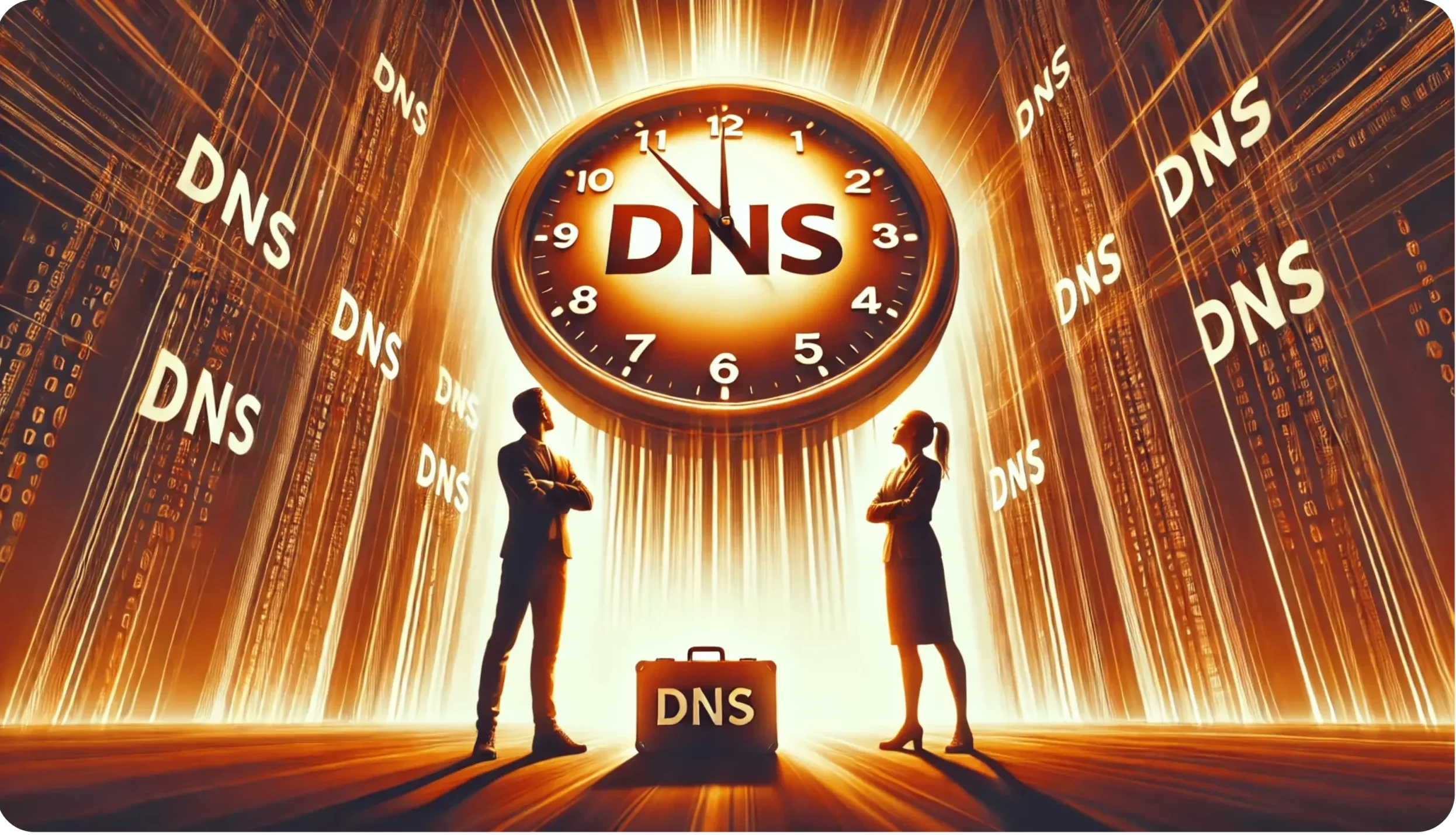 Two silhouetted figures stand beneath a large clock labeled DNS, with beams of light radiating behind it. DNS is repeated on walls around them. A briefcase on the floor also displays DNS. The scene has a futuristic, digital atmosphere.