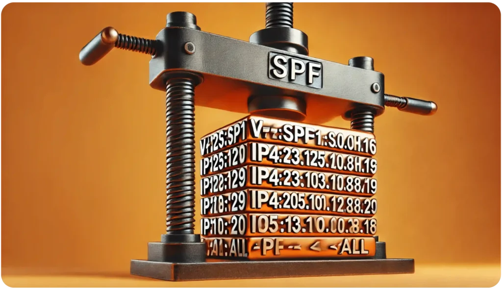 A metal press labeled SPF compresses several blocks showing IP addresses and SPF record syntax against an orange background. The image conceptually illustrates SPF record management.