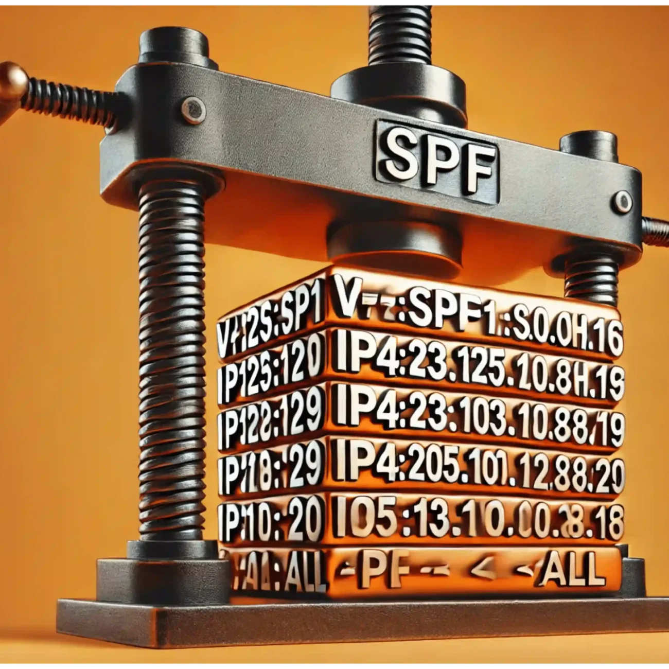 A metal press labeled SPF compresses several blocks showing IP addresses and SPF record syntax against an orange background. The image conceptually illustrates SPF record management.