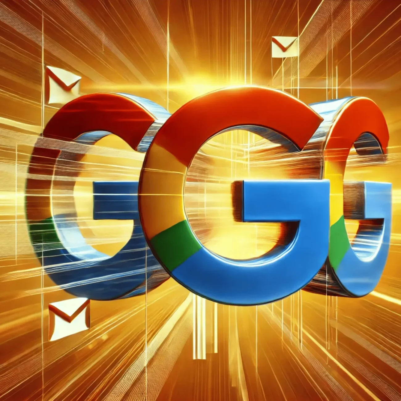 The image features the Gmail and Google logos in a dynamic, abstract design dominated by vibrant orange and yellow colors. The logos appear to be moving forward with motion lines, surrounded by envelope icons, suggesting email communication.