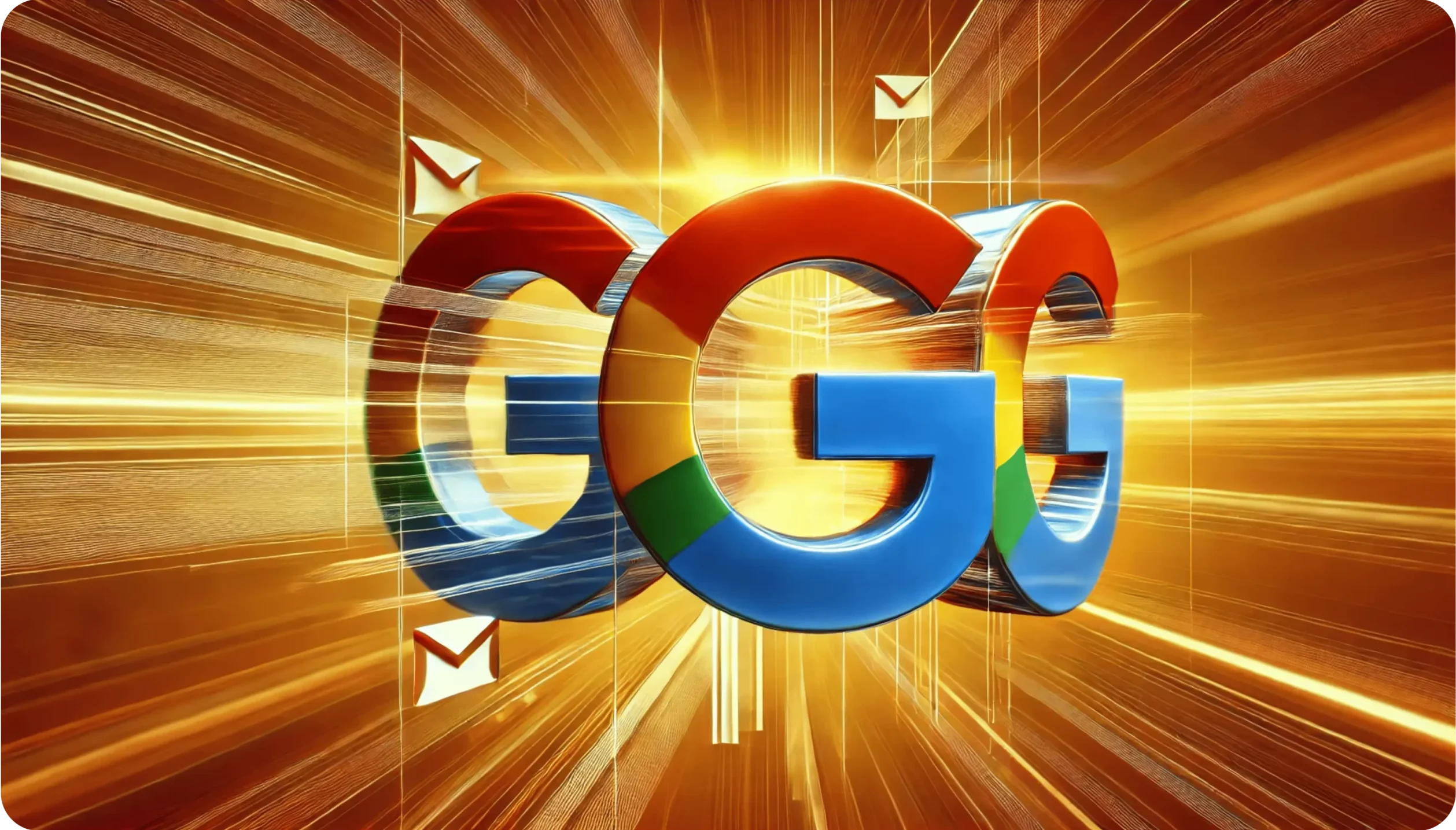 The image features the Gmail and Google logos in a dynamic, abstract design dominated by vibrant orange and yellow colors. The logos appear to be moving forward with motion lines, surrounded by envelope icons, suggesting email communication.