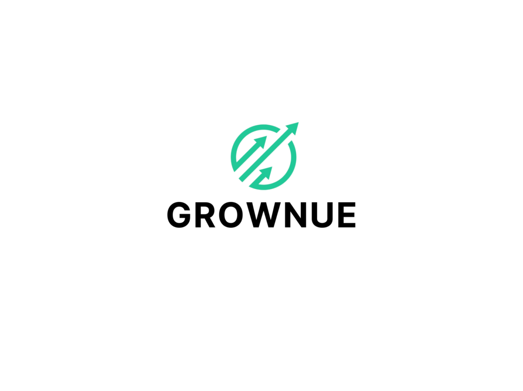 A logo featuring a stylized green arrow encircling a black circle, with the word GROWNUE in bold black letters below. The design represents growth and upward movement. The background is plain white.