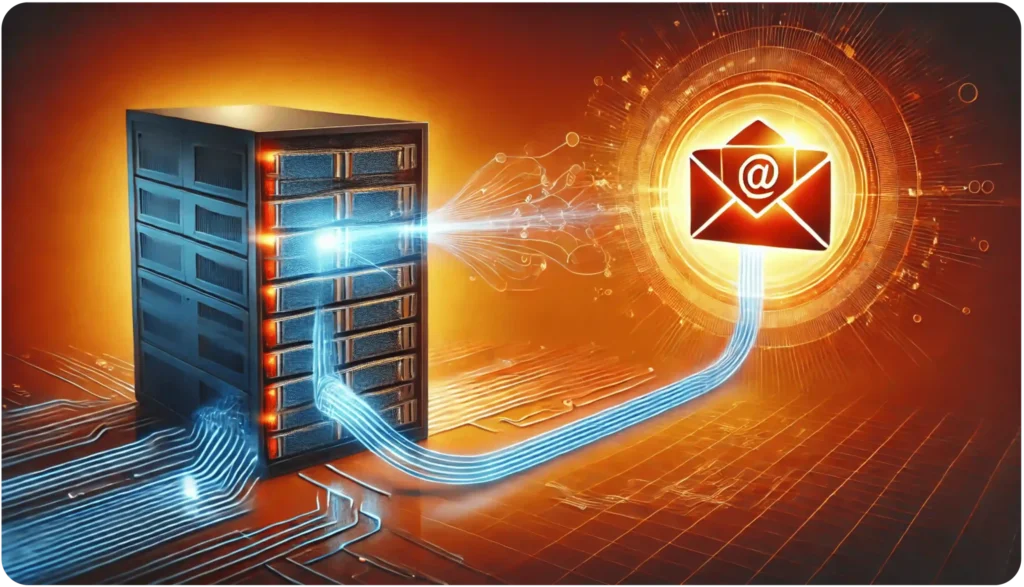 Digital artwork of a server connected to a glowing email icon. Blue data streams flow from the server to the email symbol against a vibrant orange and red background, symbolizing digital communication and data transfer.