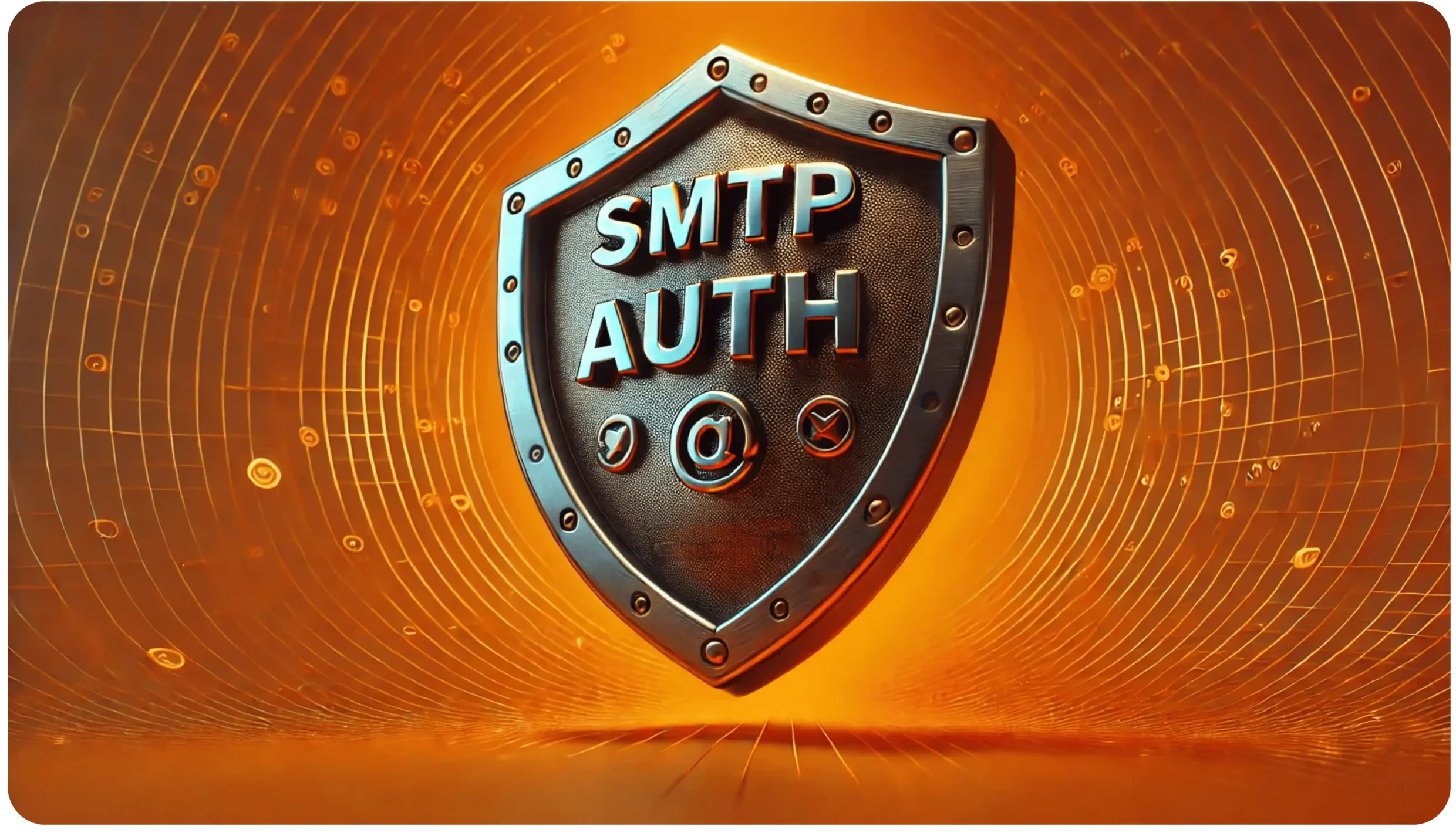 A metallic shield with the words SMTP AUTH is depicted against an orange background with circular patterns and digital symbols like email icons, suggesting protection and security in email communication.