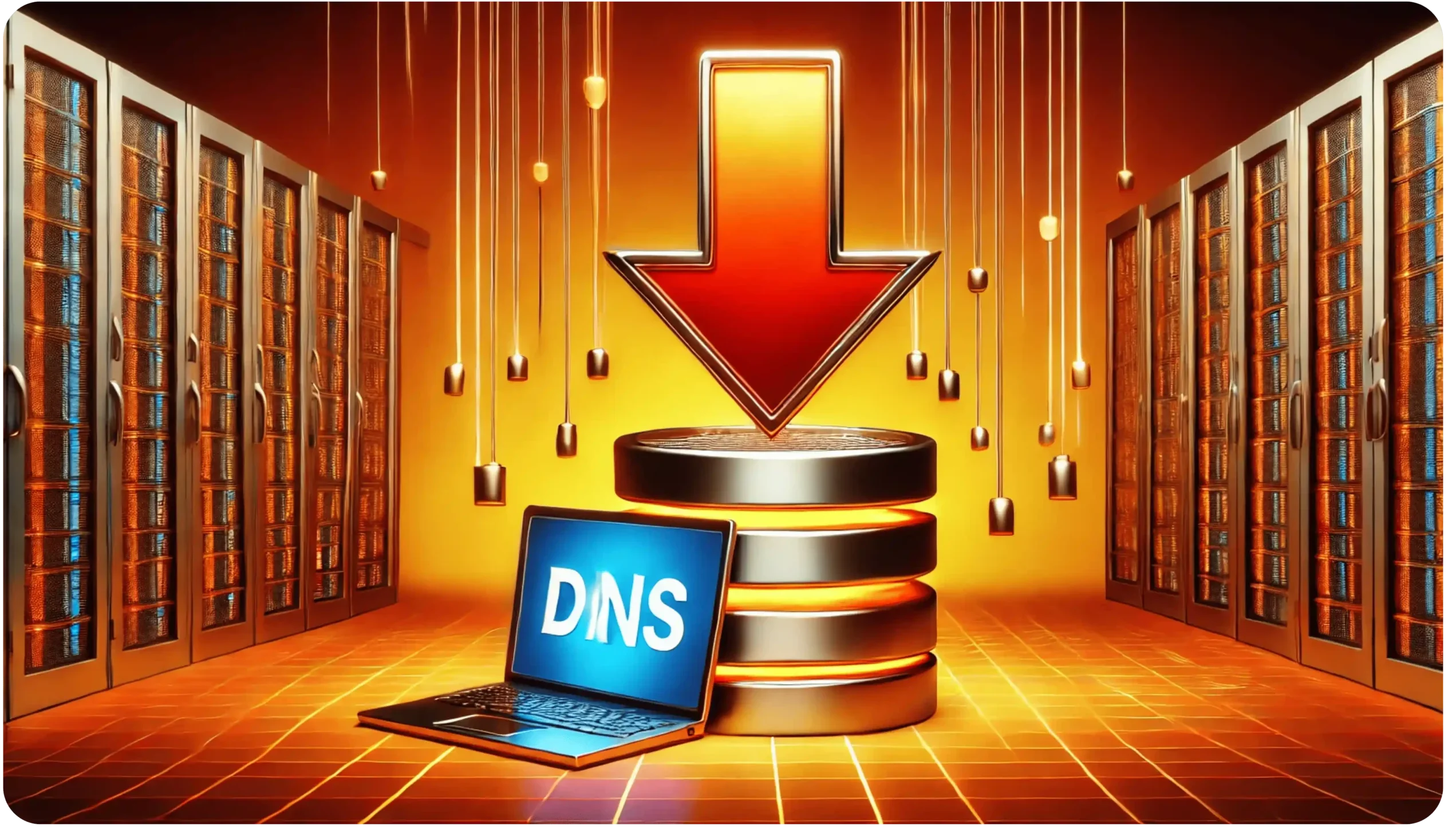 A glowing digital illustration shows a data center with several rows of server racks. In the center, a large red arrow points down at a stack of server disks, with a laptop displaying DNS on the screen. The scene is bathed in orange light.