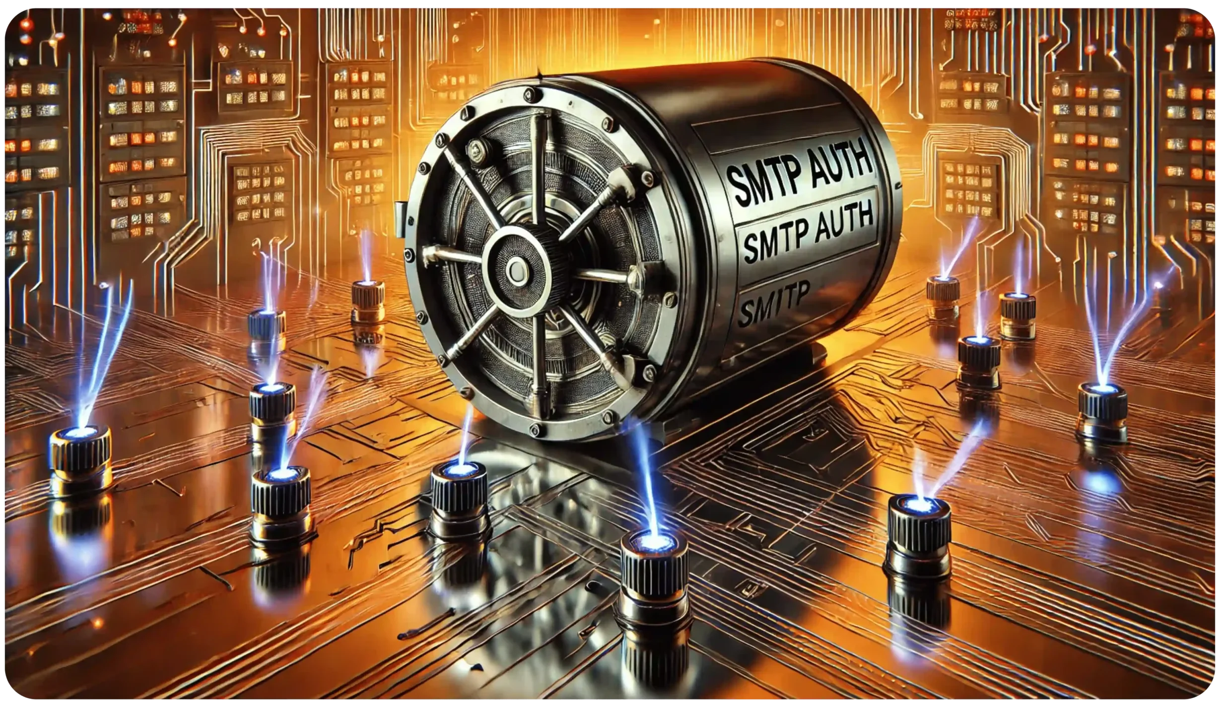 A futuristic metallic cylinder labeled SMTP AUTH is connected to glowing blue energy streams from surrounding nodes on a circuit-like surface. The background features illuminated digital city buildings, enhancing the sci-fi atmosphere.