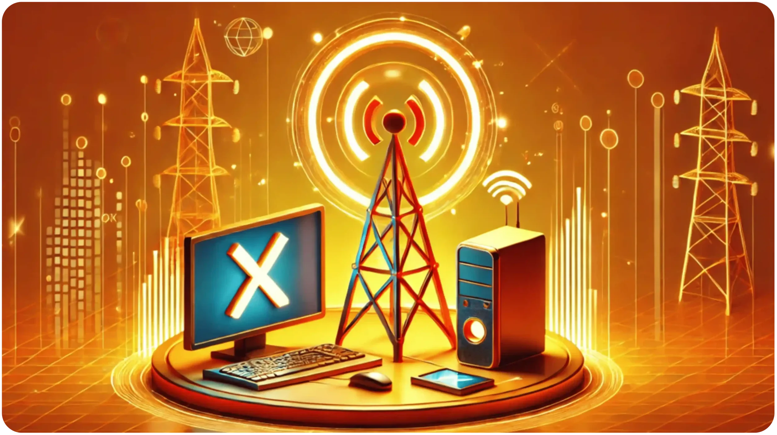 Illustration of a futuristic communication network. Central tower emits signals, surrounded by a monitor with an X symbol, a server, and a smartphone. Background features stylized data lines and communication icons in vibrant orange tones.