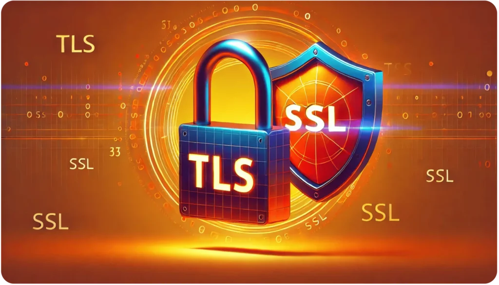 A 3D digital illustration of a padlock labeled TLS and a shield labeled SSL on a glowing orange background. The terms TLS and SSL appear multiple times, with digital circuit patterns and binary numbers scattered throughout.