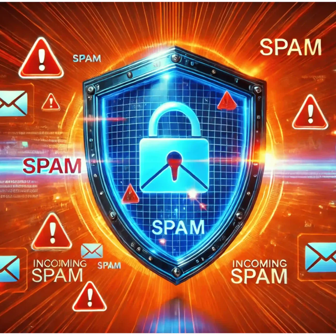 A digital shield with a padlock labeled SPAM is at the center, surrounded by icons of envelopes with exclamation marks, set against a dynamic, glowing background. The words SPAM and INCOMING SPAM appear around the shield.