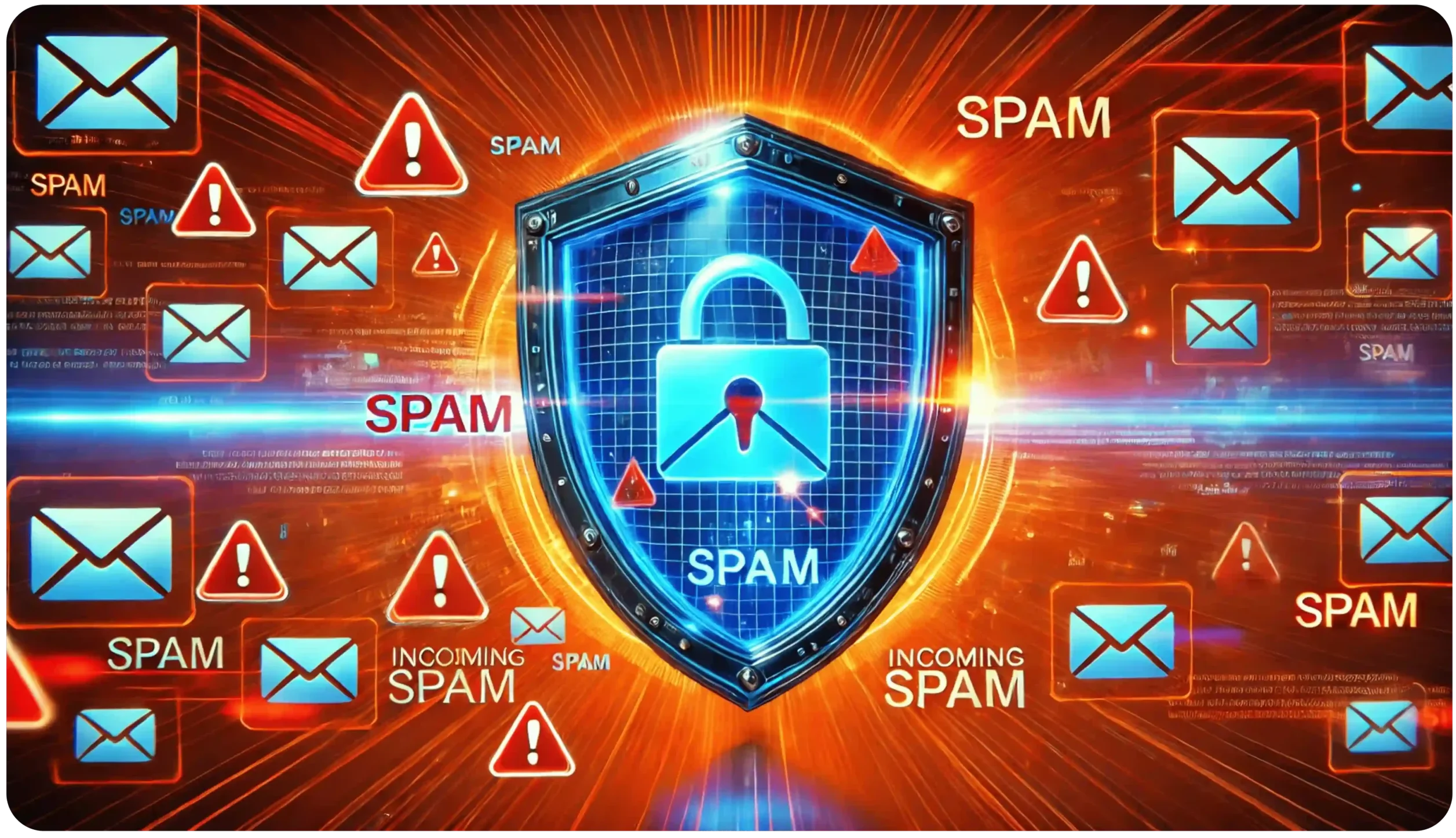 A digital shield with a padlock labeled SPAM is at the center, surrounded by icons of envelopes with exclamation marks, set against a dynamic, glowing background. The words SPAM and INCOMING SPAM appear around the shield.