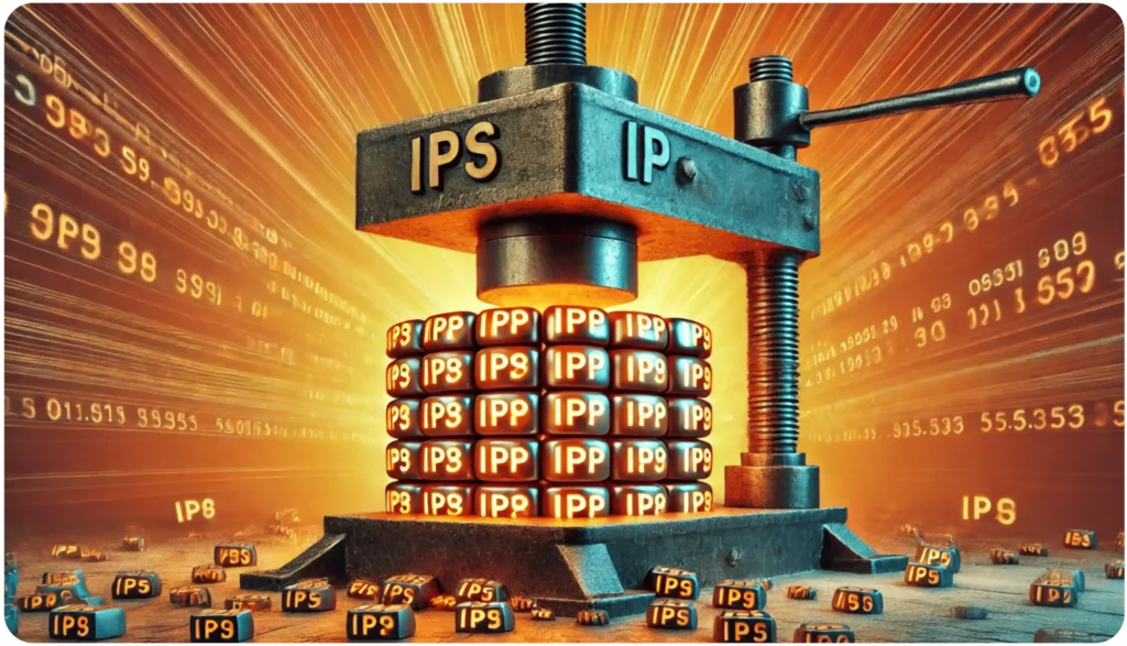 A large metal press labeled IPS and IP compresses stacks of blocks with the same labels. The background is bright with streaks of light, and more blocks are scattered on the ground.