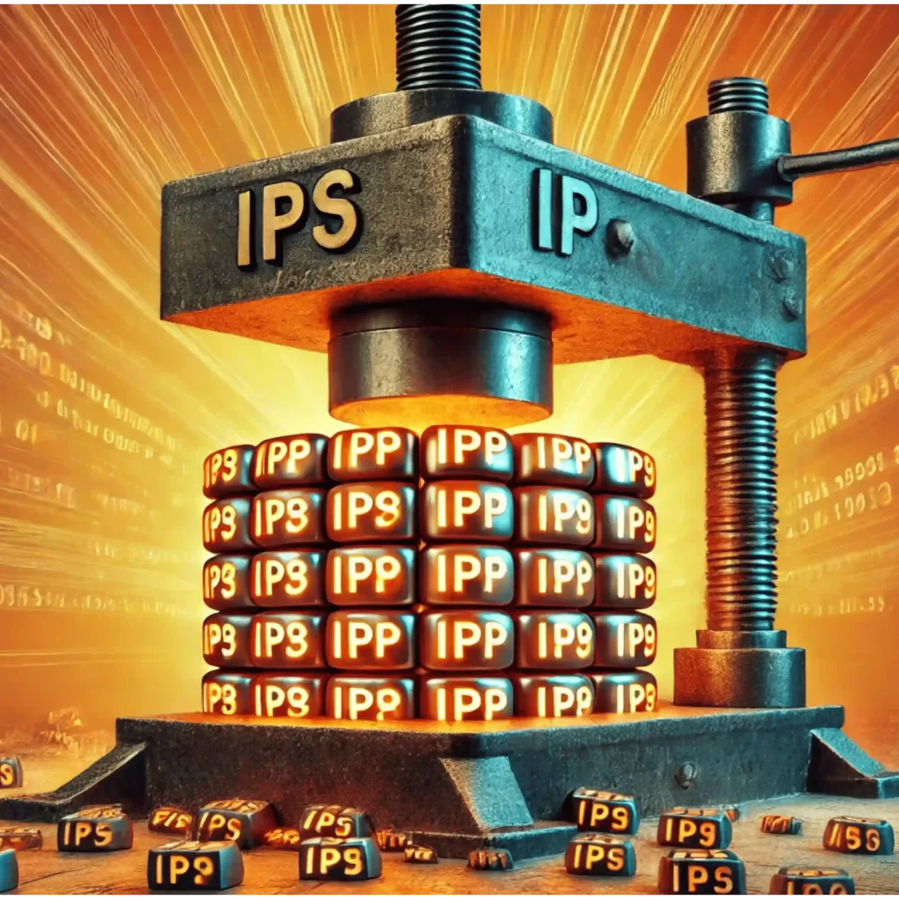 A large metal press labeled IPS and IP compresses stacks of blocks with the same labels. The background is bright with streaks of light, and more blocks are scattered on the ground.