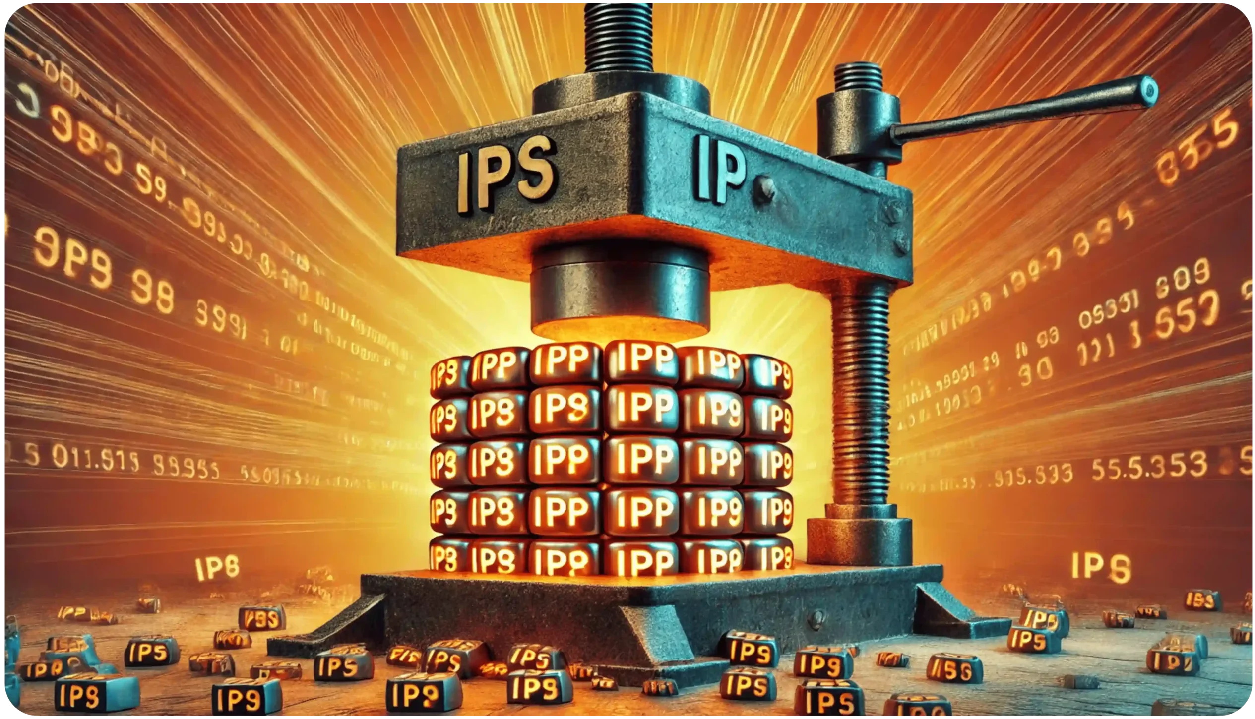 A large metal press labeled IPS and IP compresses stacks of blocks with the same labels. The background is bright with streaks of light, and more blocks are scattered on the ground.