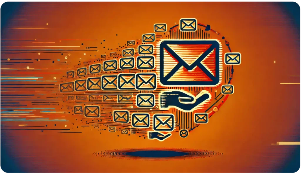 A dynamic illustration depicts multiple digital envelopes with a large envelope at the center against an orange background. The envelopes have motion lines, suggesting rapid movement or delivery in a digital context.