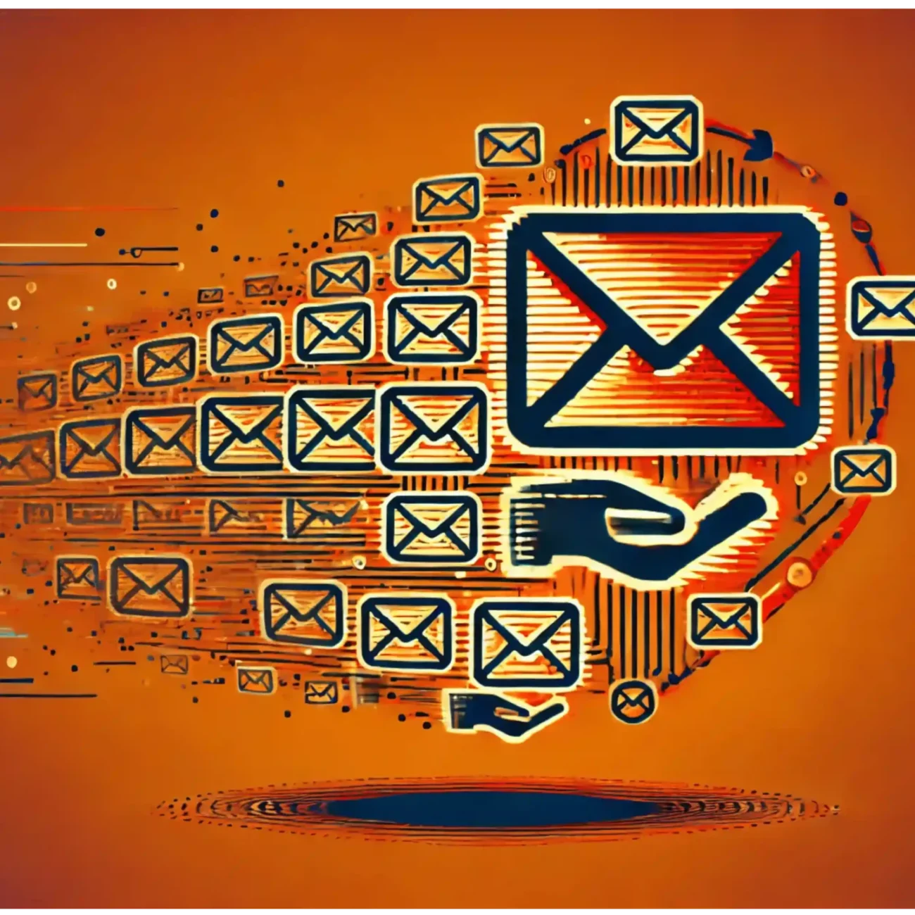 A dynamic illustration depicts multiple digital envelopes with a large envelope at the center against an orange background. The envelopes have motion lines, suggesting rapid movement or delivery in a digital context.