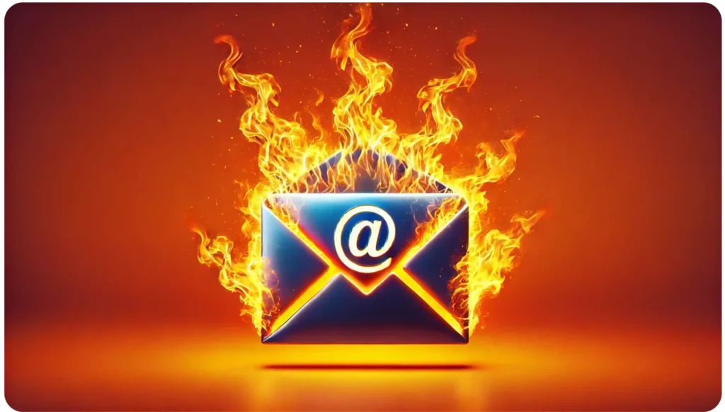 A blue email envelope icon with a white @ symbol is surrounded by vivid flames, set against a bright orange background, symbolizing rapid or intense communication.