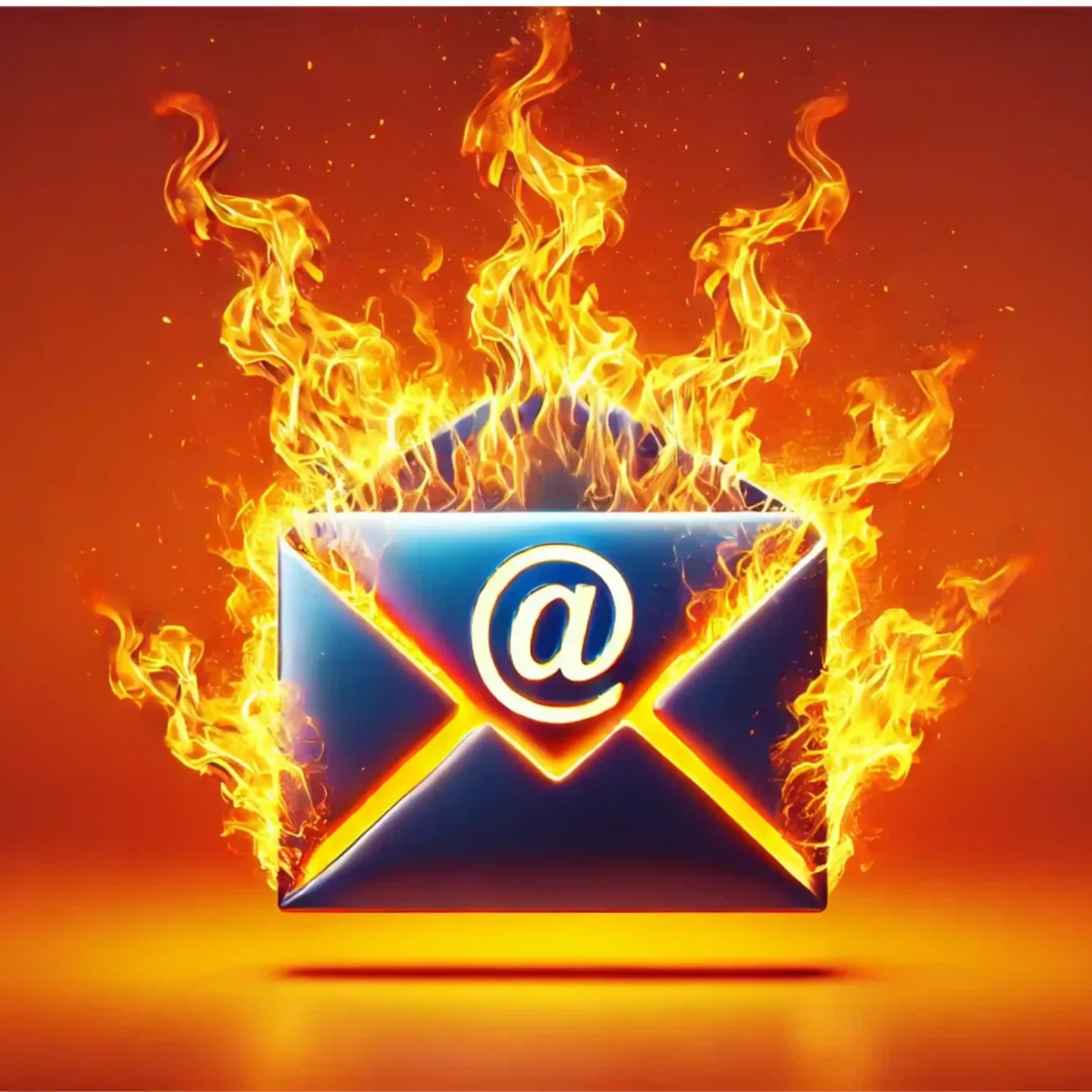 A blue email envelope icon with a white @ symbol is surrounded by vivid flames, set against a bright orange background, symbolizing rapid or intense communication.