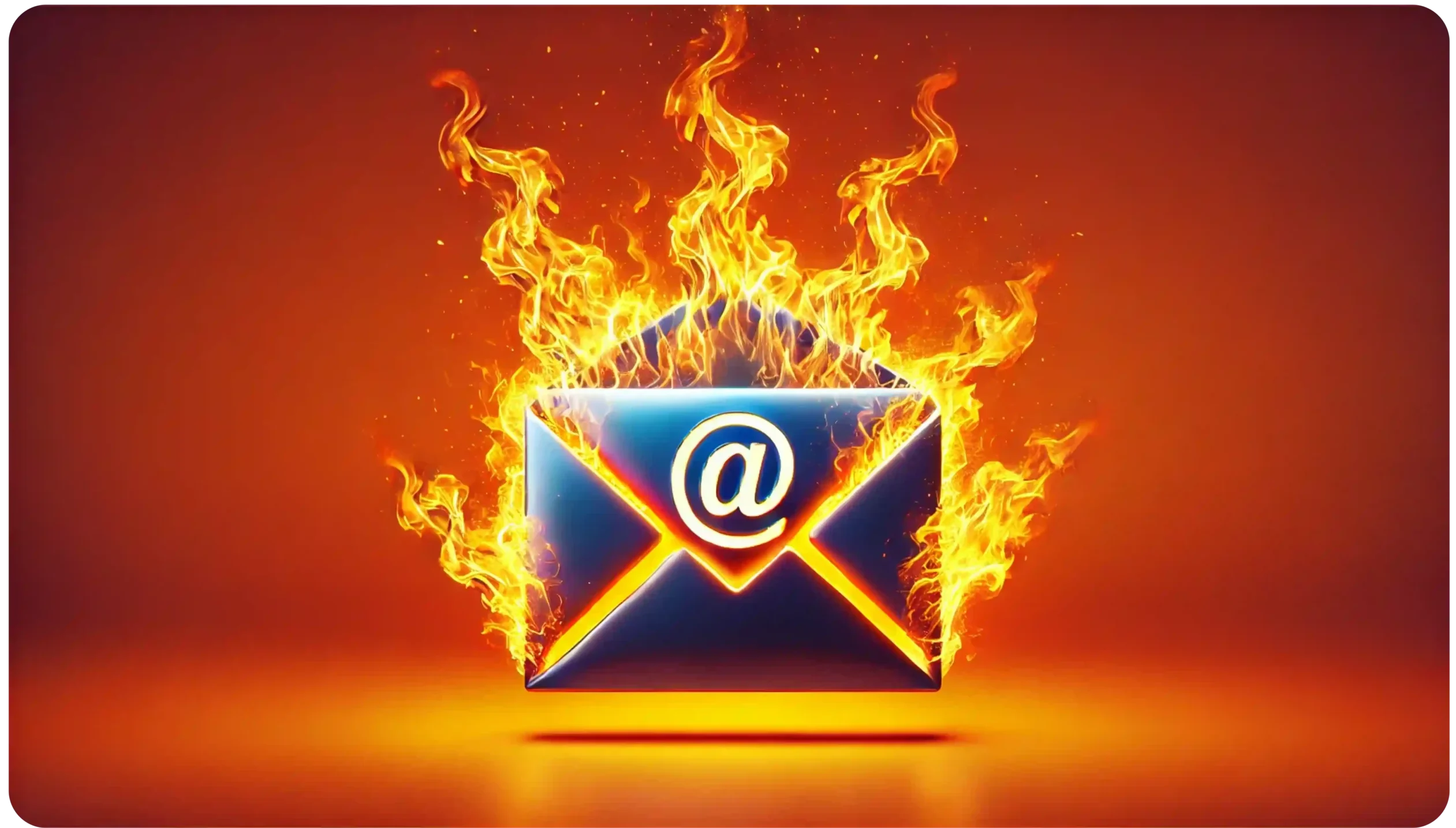 A blue email envelope icon with a white @ symbol is surrounded by vivid flames, set against a bright orange background, symbolizing rapid or intense communication.