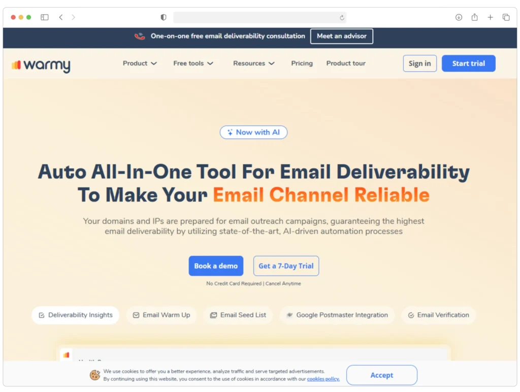 Screenshot of the Warmy homepage featuring a headline promoting their email deliverability tool. Includes options for booking a demo or starting a trial, and a navigation bar with links to various features and services.