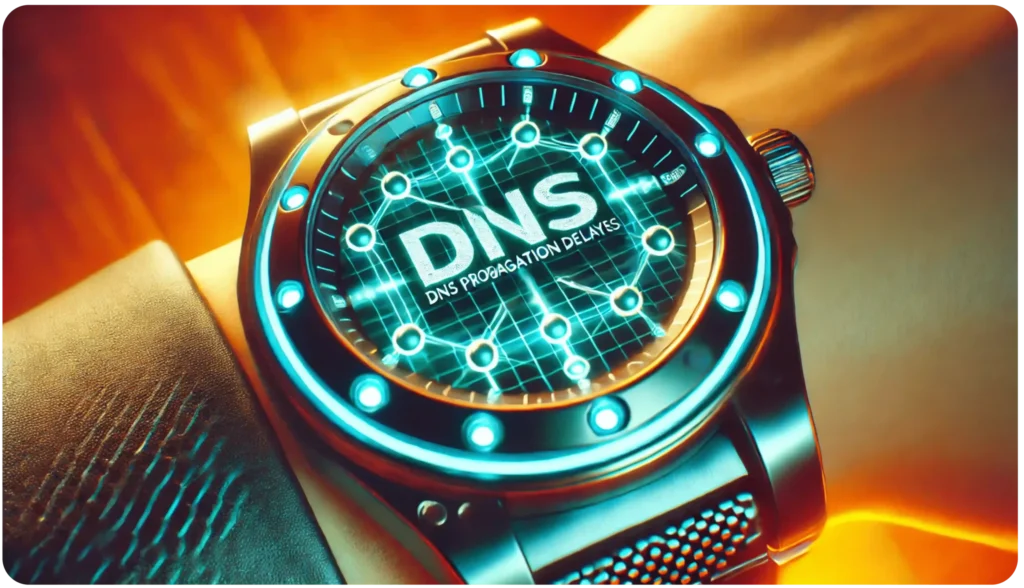 A wristwatch displaying a futuristic digital face with DNS and DNS Propagation Delays in the center. The watch has a metallic strap and a glowing grid design, with circular lights around the bezel, set against a warm background.