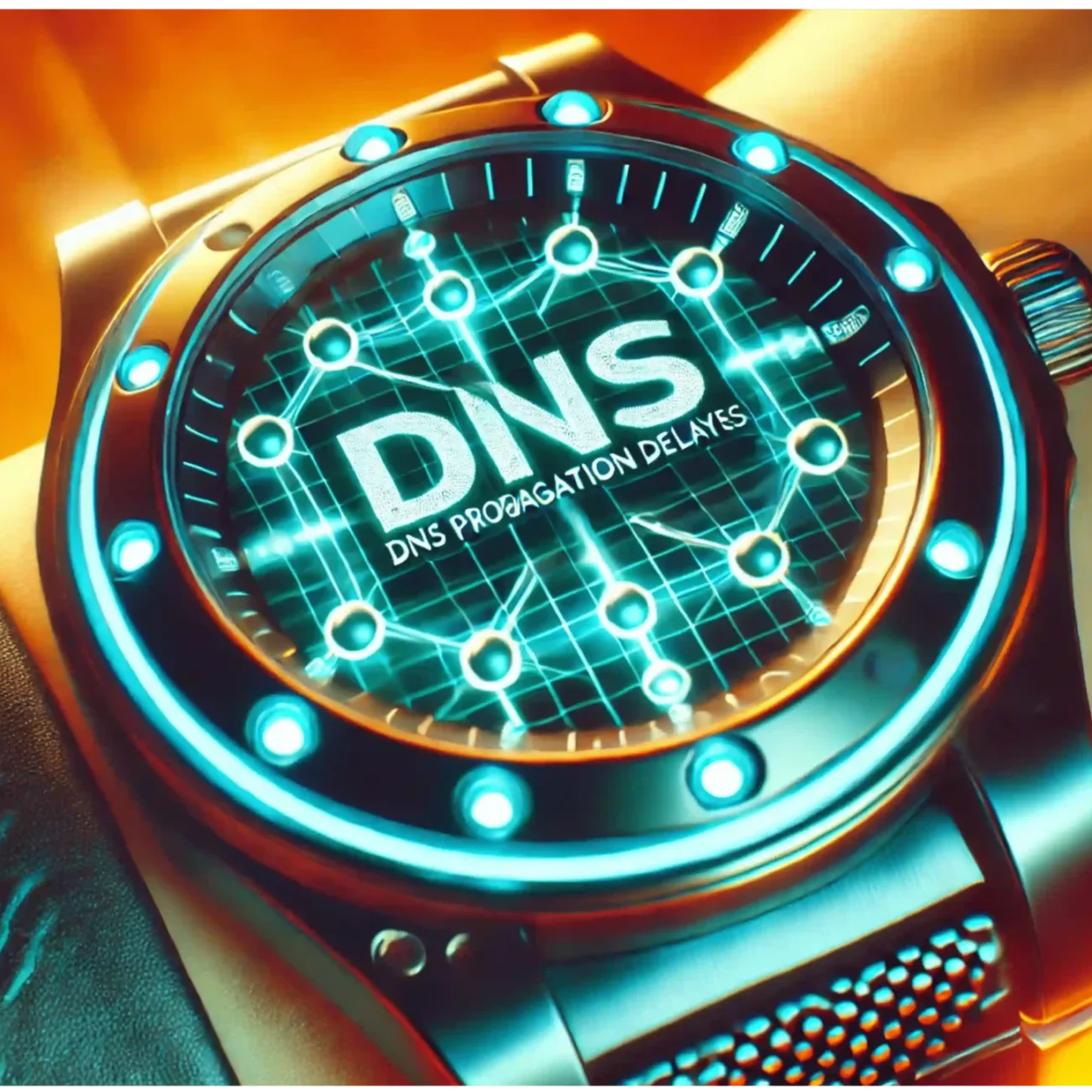 A wristwatch displaying a futuristic digital face with DNS and DNS Propagation Delays in the center. The watch has a metallic strap and a glowing grid design, with circular lights around the bezel, set against a warm background.