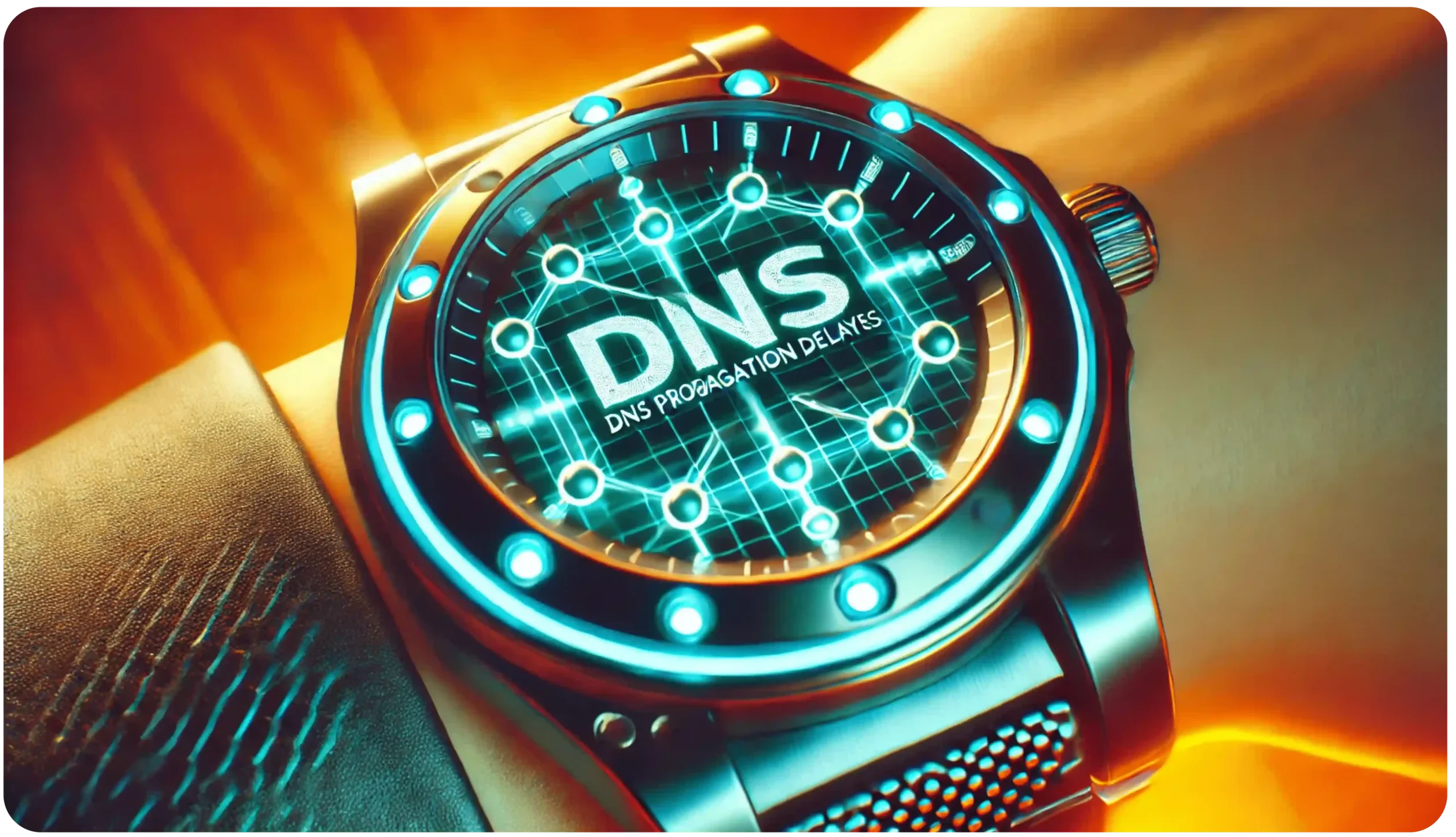 A wristwatch displaying a futuristic digital face with DNS and DNS Propagation Delays in the center. The watch has a metallic strap and a glowing grid design, with circular lights around the bezel, set against a warm background.