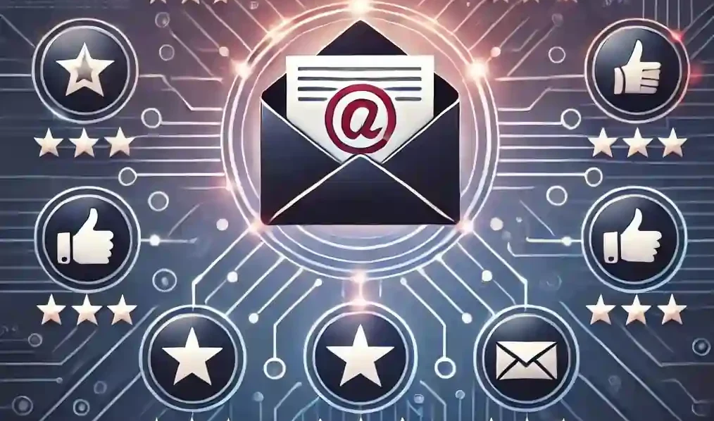 A digital envelope with an @ symbol is centered amid circuit lines leading to icons: thumbs up, stars, and another envelope, symbolizing connectivity and communication. The background has a tech-inspired, futuristic design.