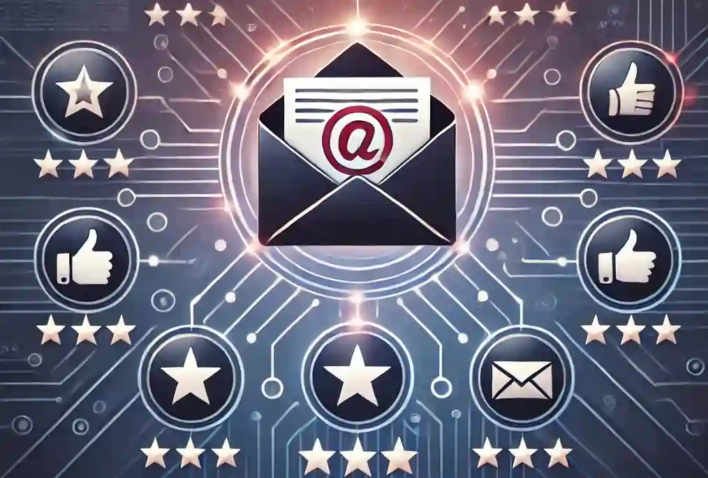 A digital envelope with an @ symbol is centered amid circuit lines leading to icons: thumbs up, stars, and another envelope, symbolizing connectivity and communication. The background has a tech-inspired, futuristic design.