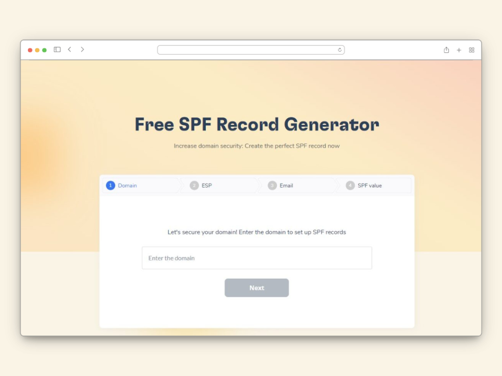 Screenshot of a webpage titled Free SPF Record Generator, with tabs for Domain, ESP, Email, and SPF value. It prompts users to enter a domain to set up SPF records, with a Next button for progression.