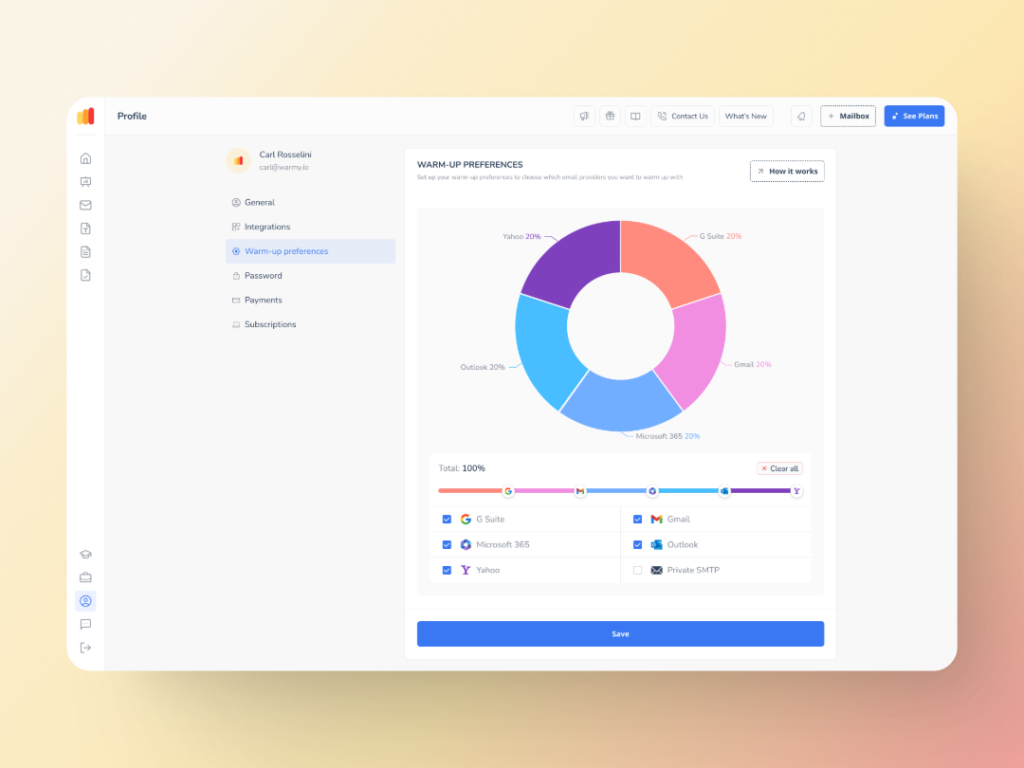 A dashboard displaying a profile section with a circular chart titled WARM-UP PREFERENCES. The chart shows percentages for Gmail, Outlook, G-Suite, Yahoo, and others. A table beneath lists specific percentages and email services.