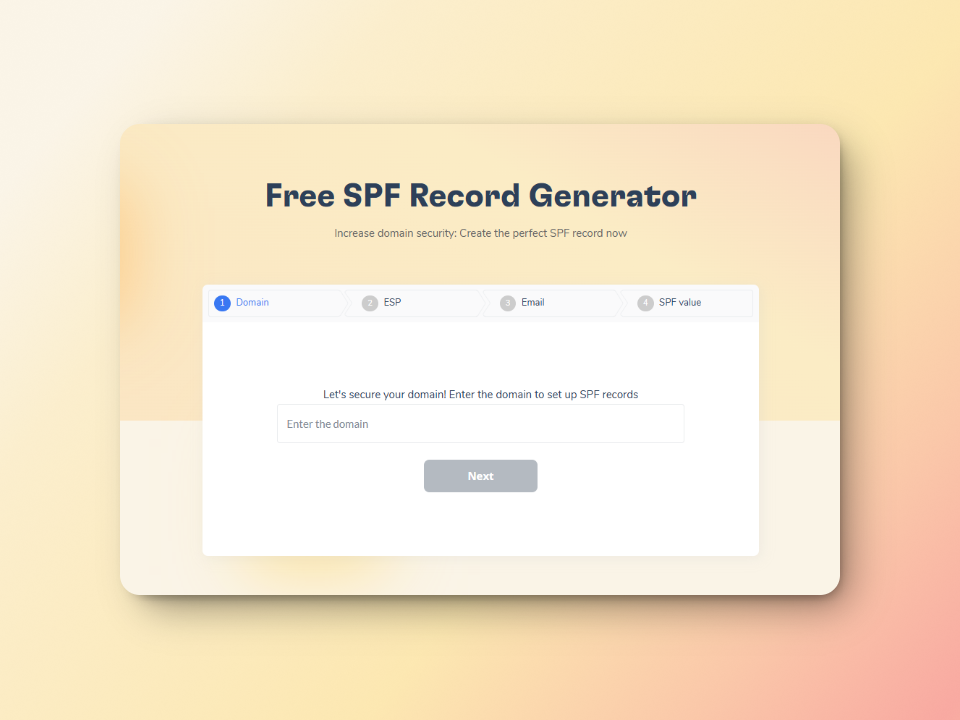 Screenshot of a webpage titled Free SPF Record Generator. The page has a pastel gradient background. It includes fields labeled Domain, ESP, Email, and SPF value, with a text box for entering a domain and a Next button below.