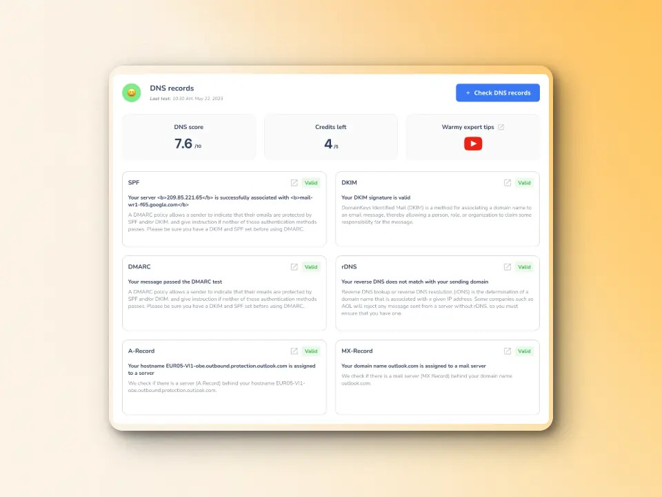 A screenshot of a DNS records dashboard displays various sections: SPF with a score, DKIM signature, DMARC report, A Record status, and MX Record status. Each section has a Valid indication. The background is a soft gradient.