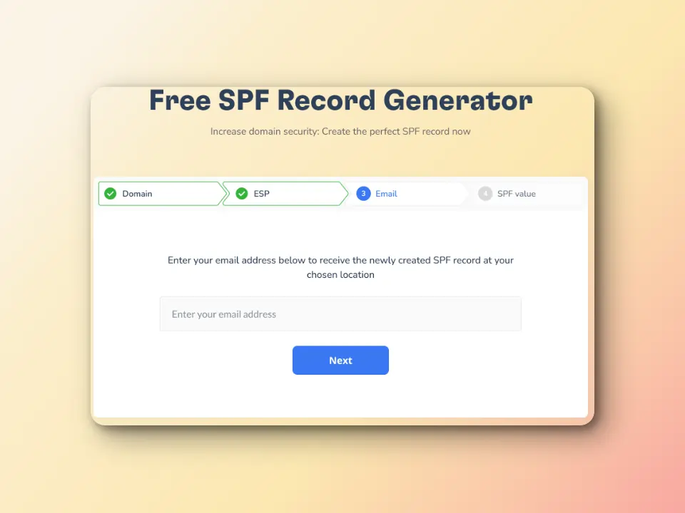 A screenshot of a Free SPF Record Generator interface with steps: Domain, ESP, Email, and SPF value. The current step is Email, prompting users to enter their email address with a Next button below the input field.