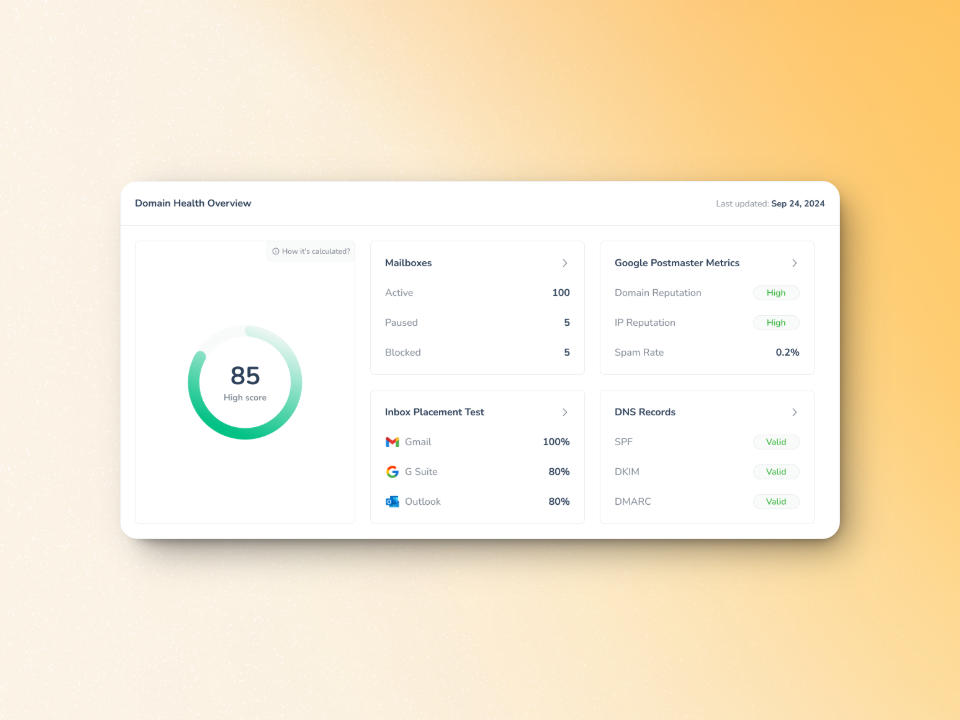 A domain health overview dashboard showing a score of 85. Sections include Mailboxes (Active 100, Passed 5, Blocked 0), Google Postmaster Metrics, Inbox Placement Test (Gmail 100%), and DNS Records (SPF, DKIM, DMARC). Last updated Sep 14, 2024.