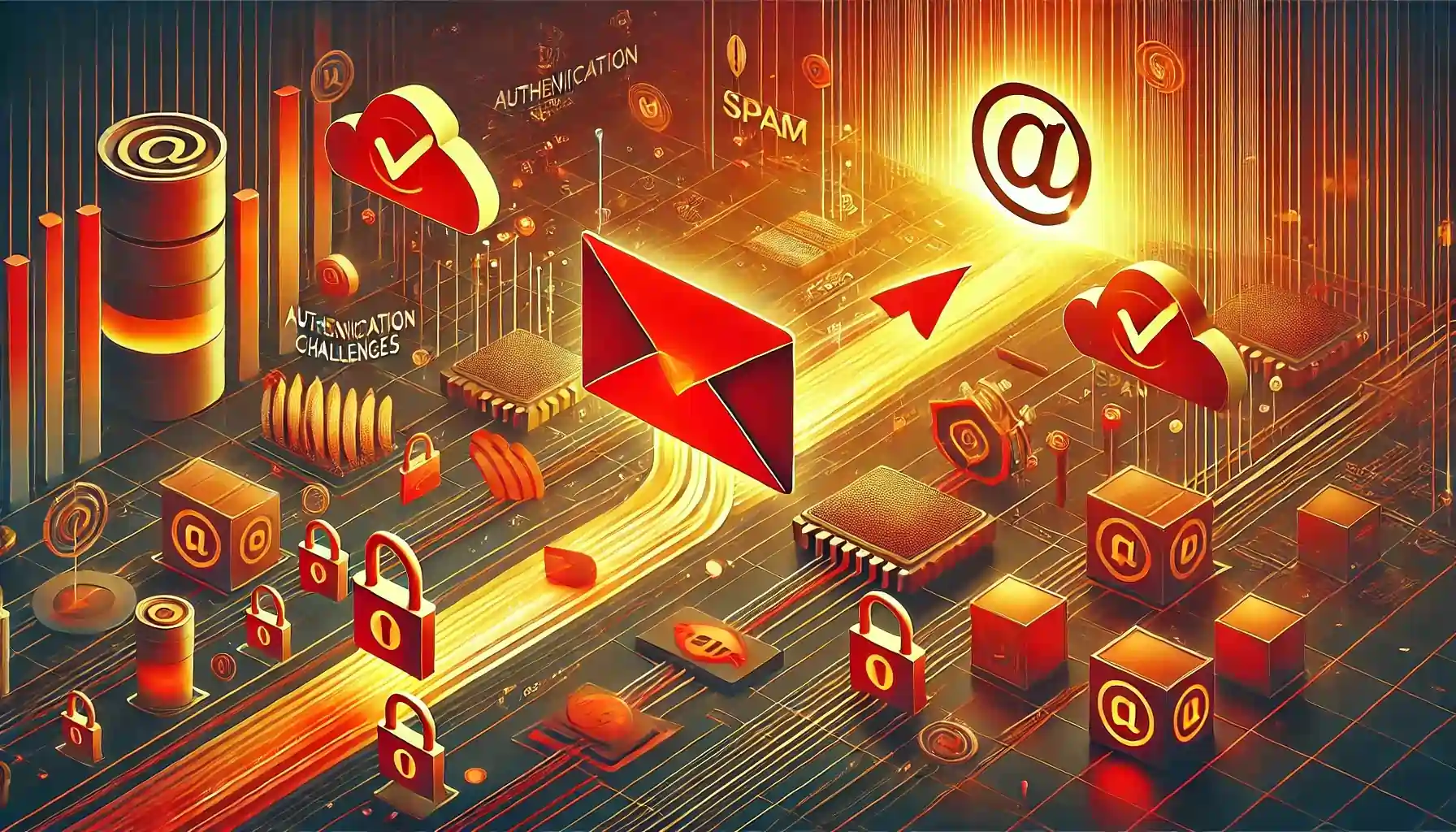 Futuristic digital illustration featuring red and orange icons of email envelopes, locks, and at symbols. The scene suggests cybersecurity and email authentication, with a glowing background and lines representing data flow.