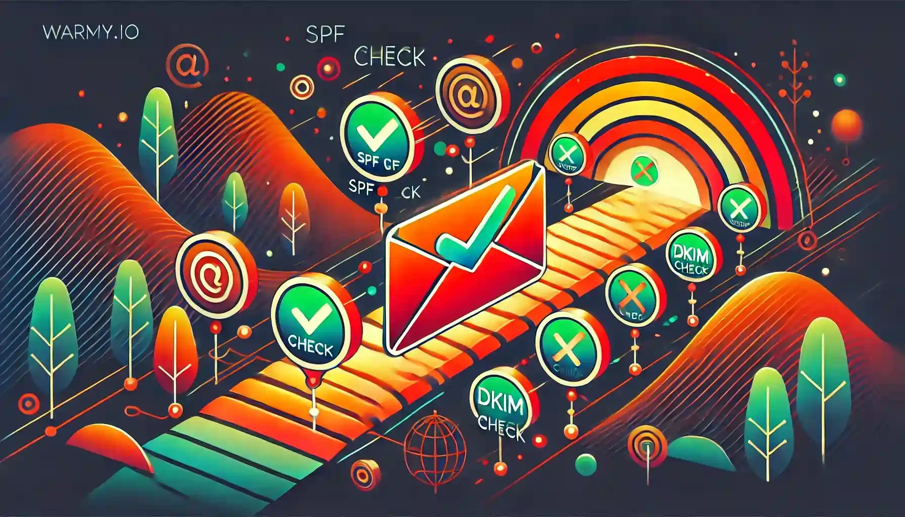 Illustration of a digital landscape with an envelope icon and various security symbols like check marks and circular icons labeled SPF and DKIM. The background features abstract mountains and trees with a pathway adorned with tech symbols.