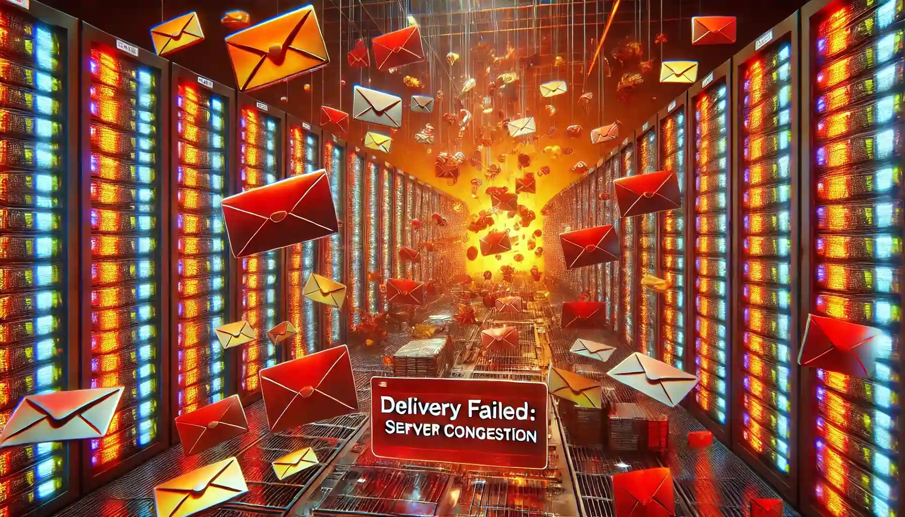 Futuristic server room with glowing racks, filled with floating, unopened red envelopes. A notification reads Delivery Failed: Server Congestion. Bright light in the background suggests high digital activity.