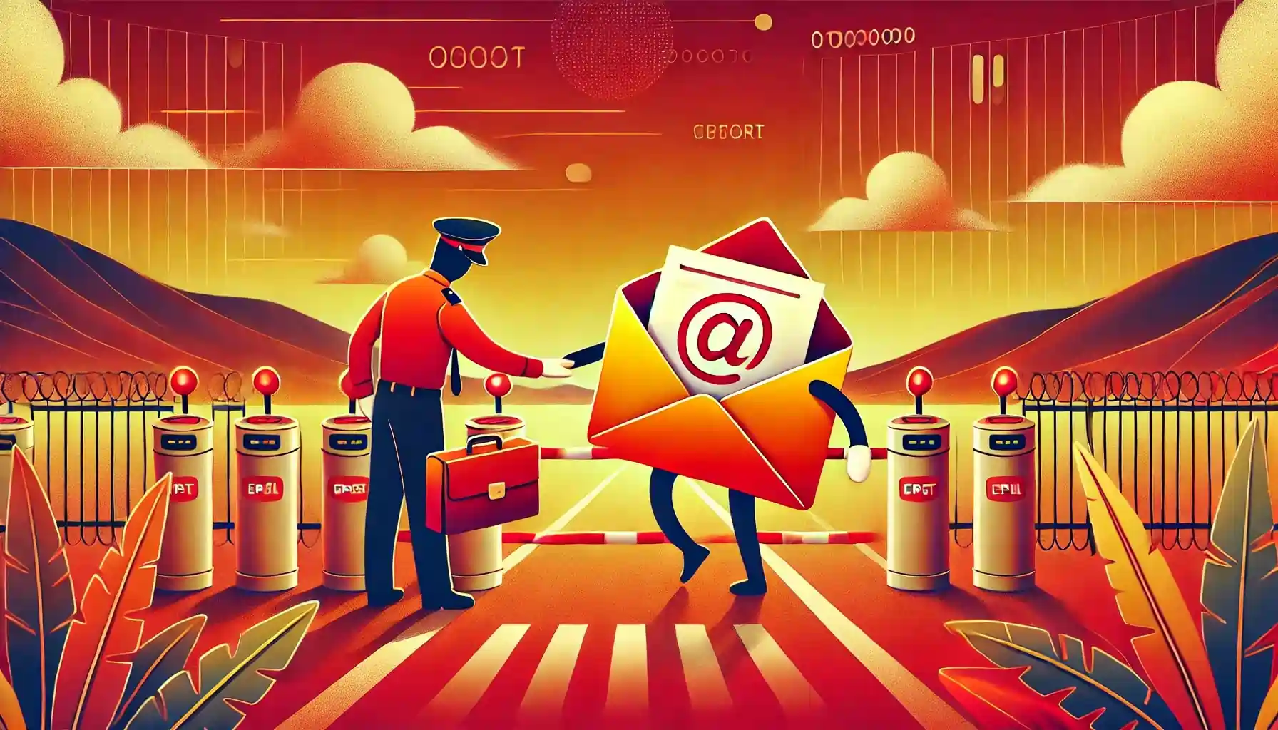 A surreal scene shows a mail icon with legs crossing a toll gate, holding a red envelope displaying an @ symbol. A security officer checks it. The background features mountains and digital symbols.